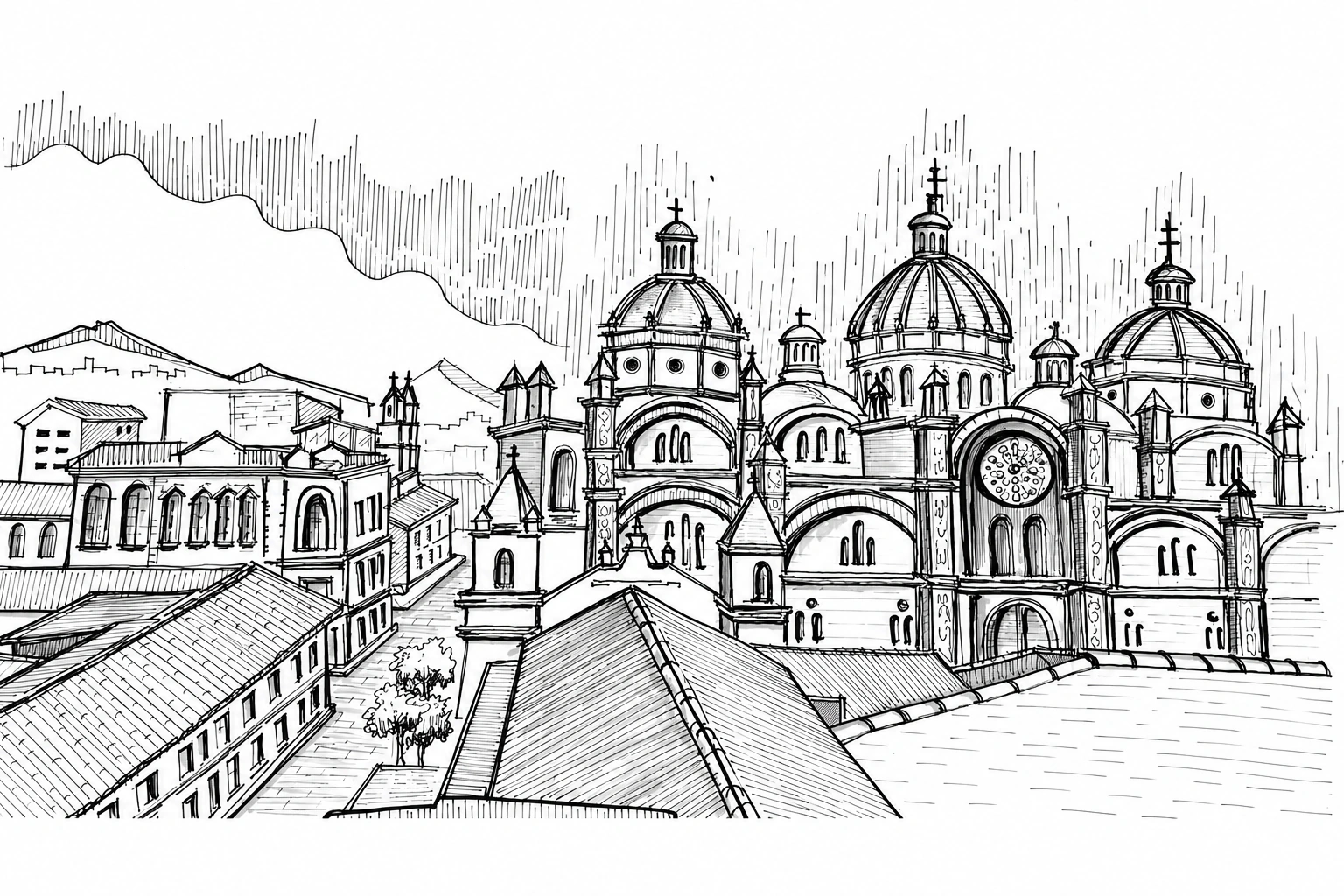Boceto a tinta de arquitectura con cúpulas, arcos y cubiertas, sobre papel blanco
