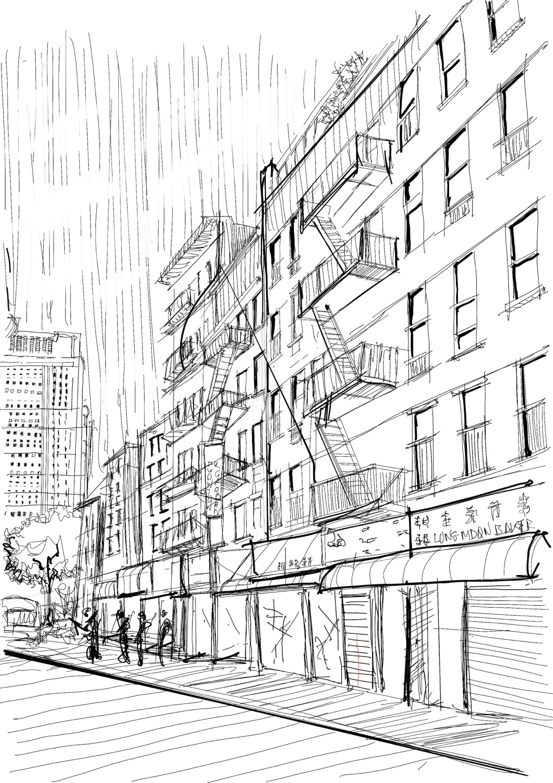 Boceto urbano de fachadas con balcones, escaleras exteriores y comercios