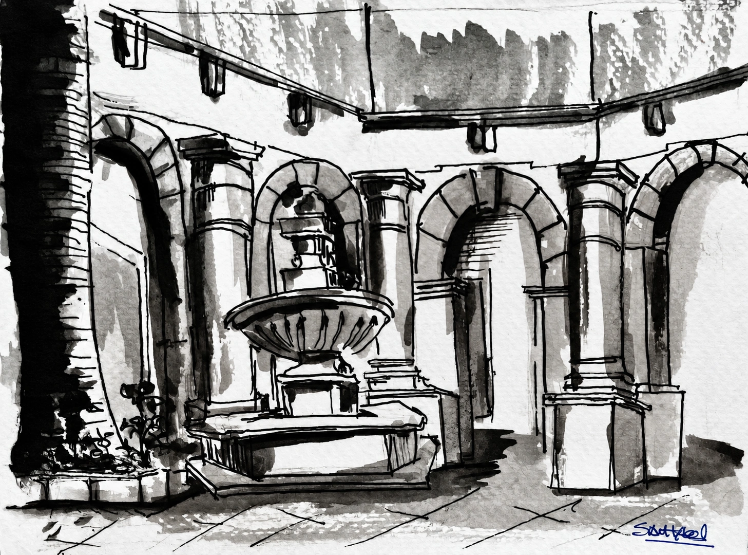 Boceto de una fuente y una galería de arcos en tinta y aguada