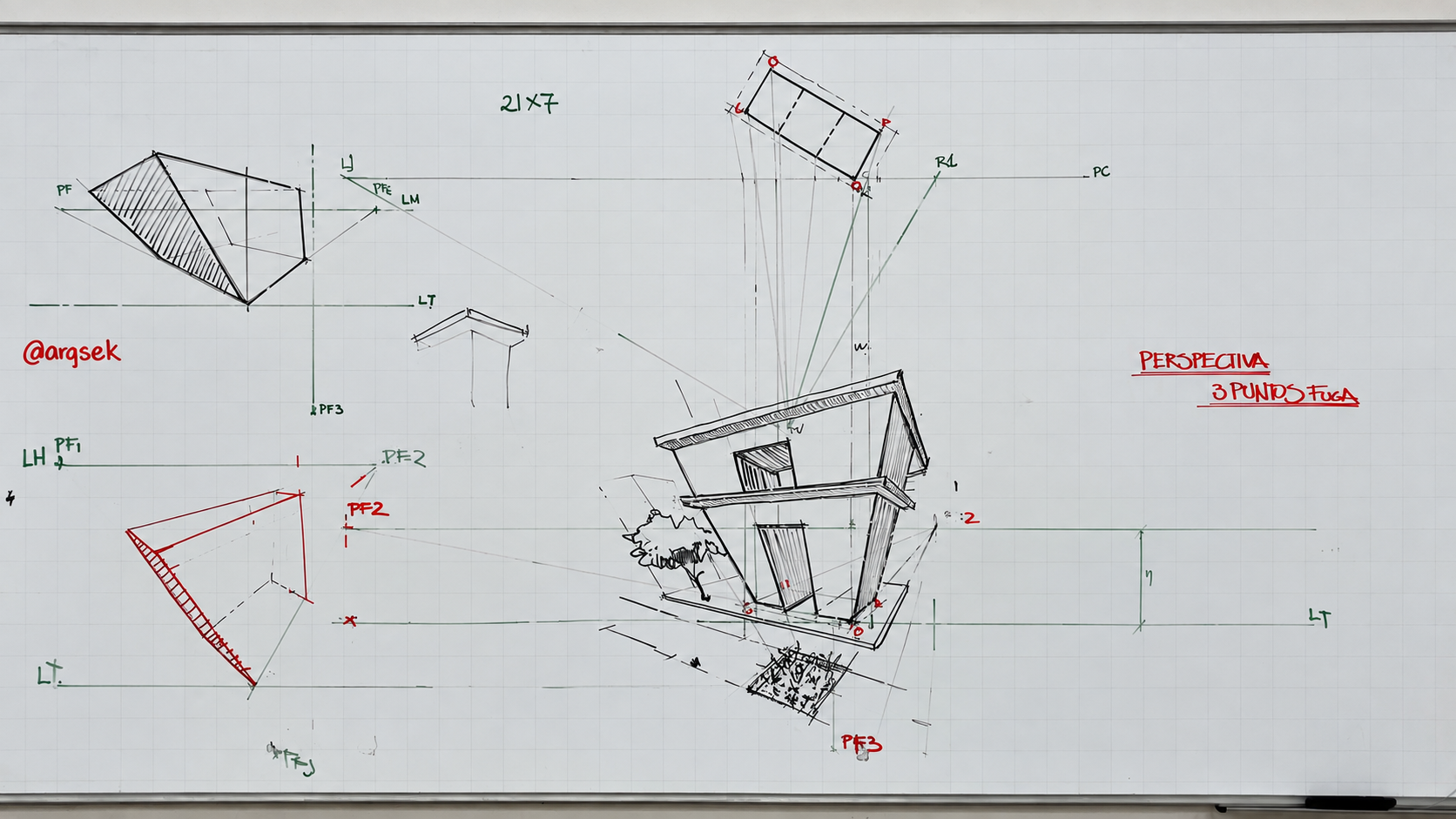 Estudio de perspectiva de tres puntos sobre pizarra