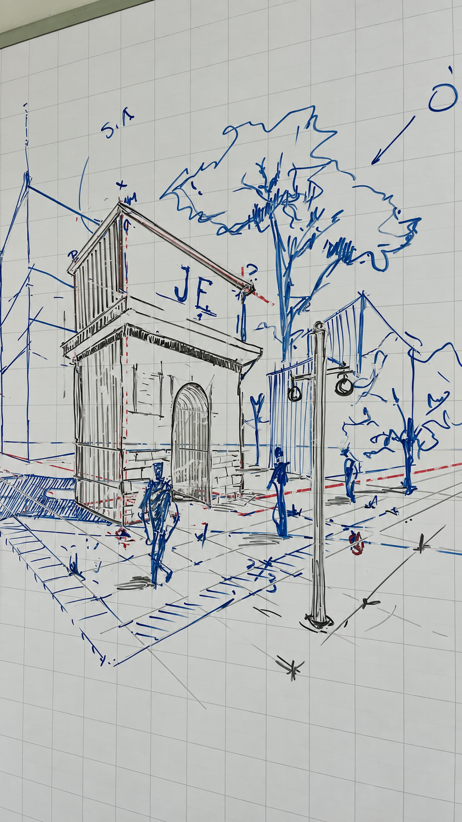 Perspectiva urbana con arquitectura, árboles y figuras