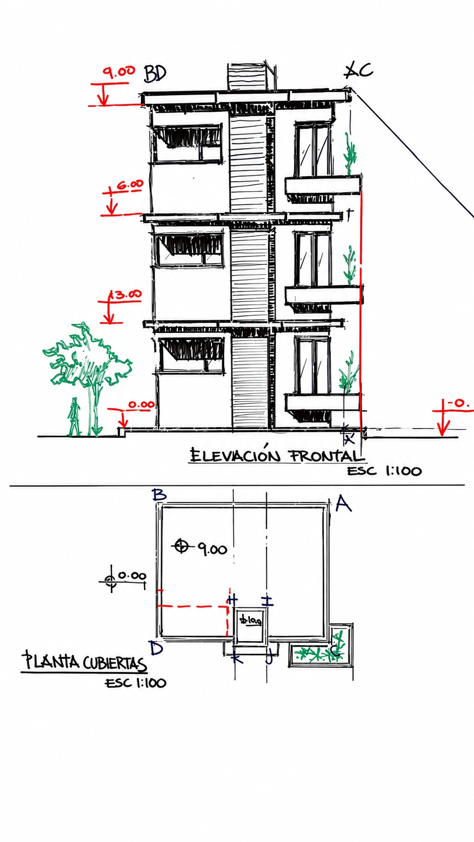 Dibujo arquitectónico de elevación frontal y planta de cubiertas con anotaciones de color