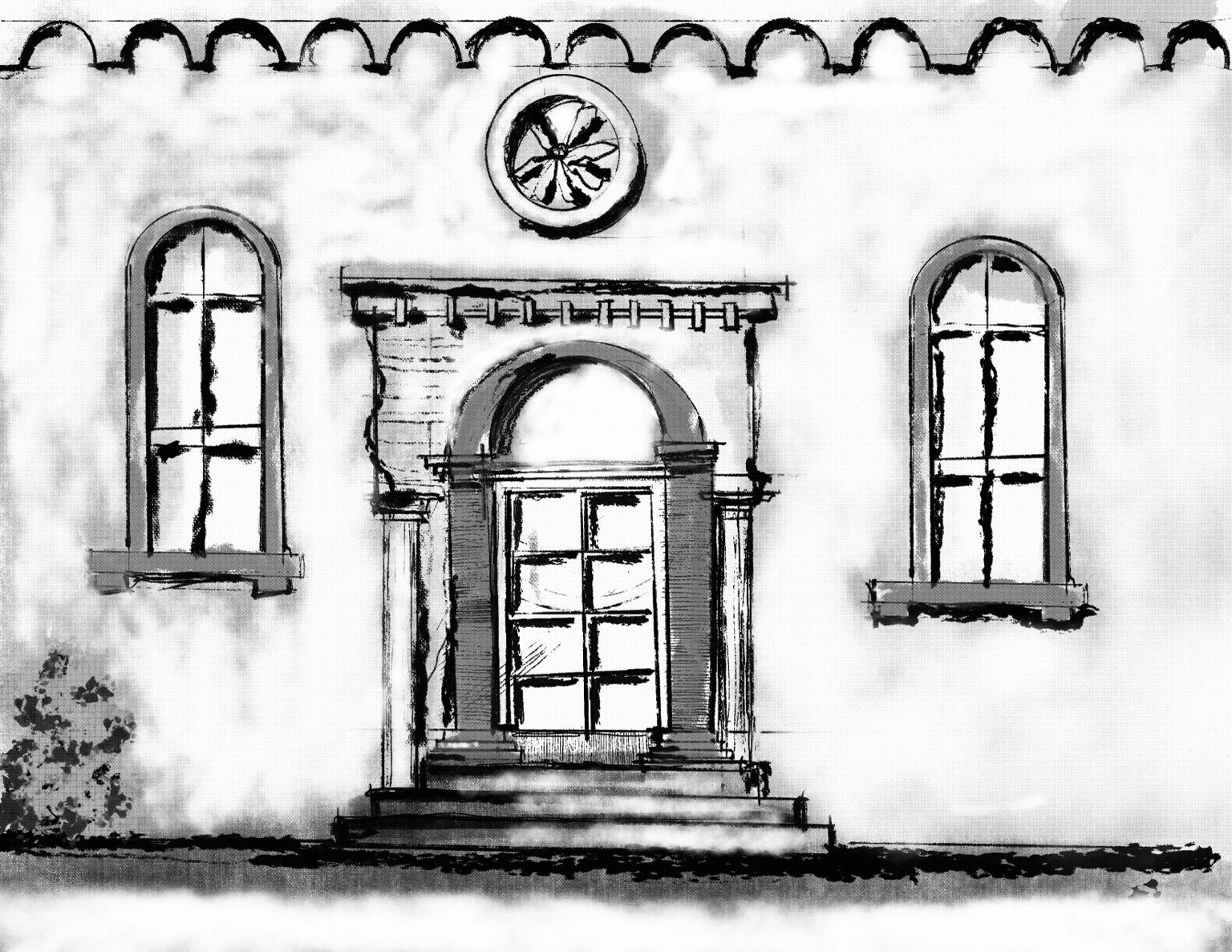 Dibujo a tinta y aguada de una fachada con puerta central y ventanas de arco