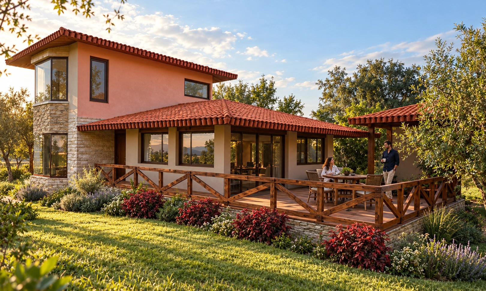 Vivienda con cubierta de teja, terraza de madera y dos personas