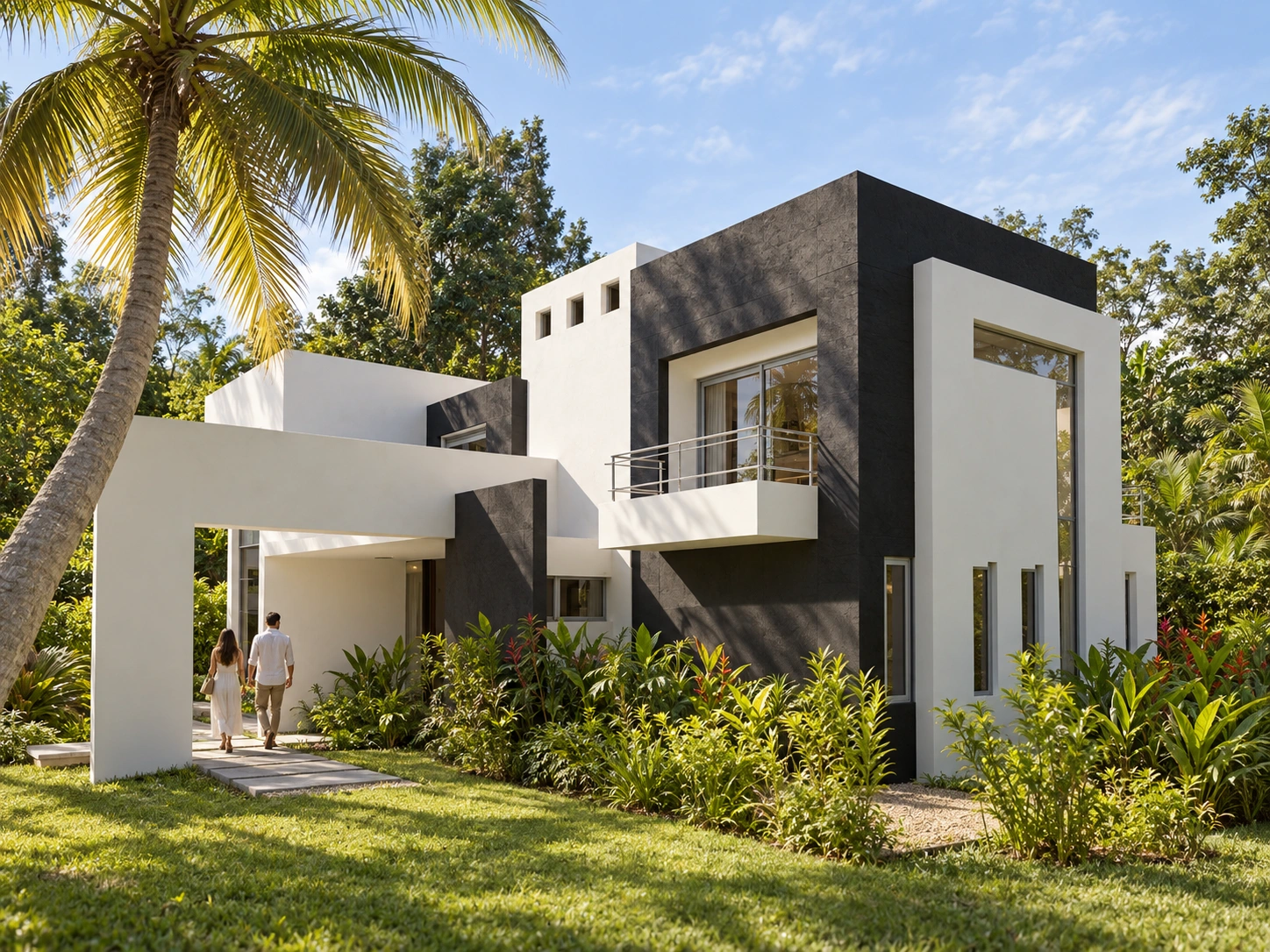 Vivienda tropical blanca y oscura con balcón y residentes