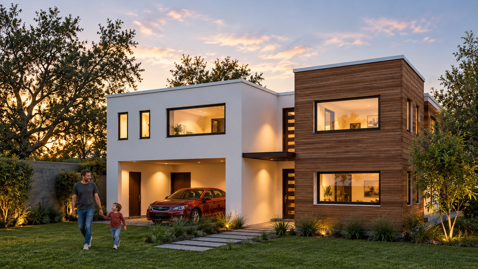Vivienda blanca y madera con padre e hijo en el jardín