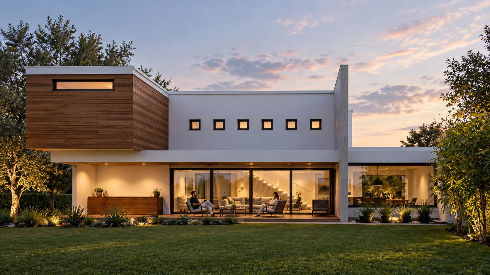 Fachada de jardín de vivienda blanca y madera al atardecer