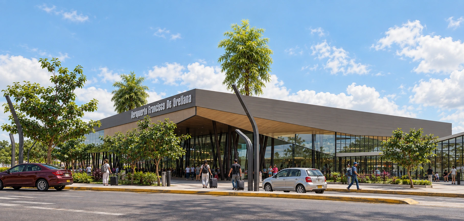 Aeropuerto Francisco de Orellana con viajeros y vegetación tropical