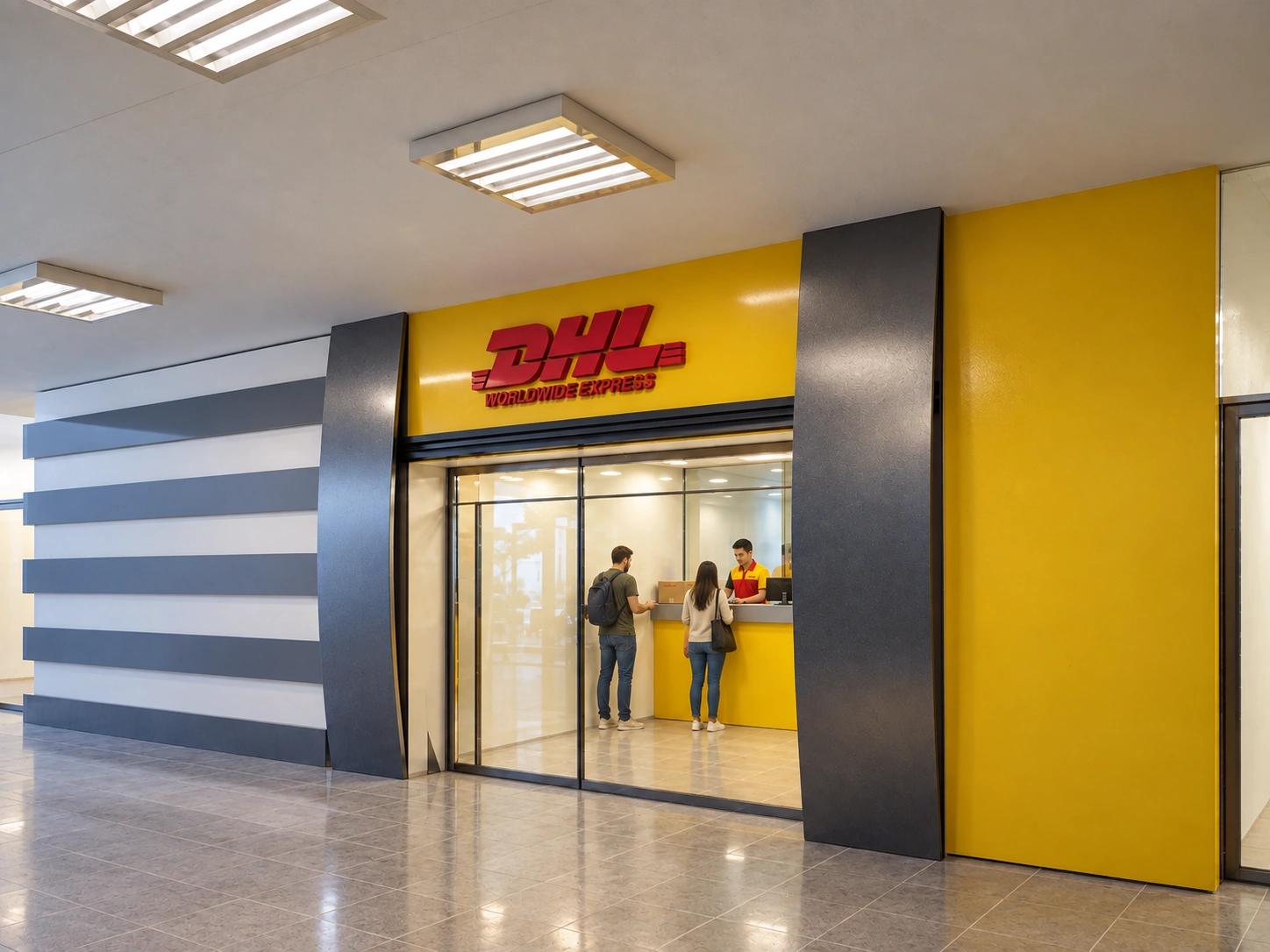 Local de atención DHL con fachada amarilla, acceso de vidrio y mostrador