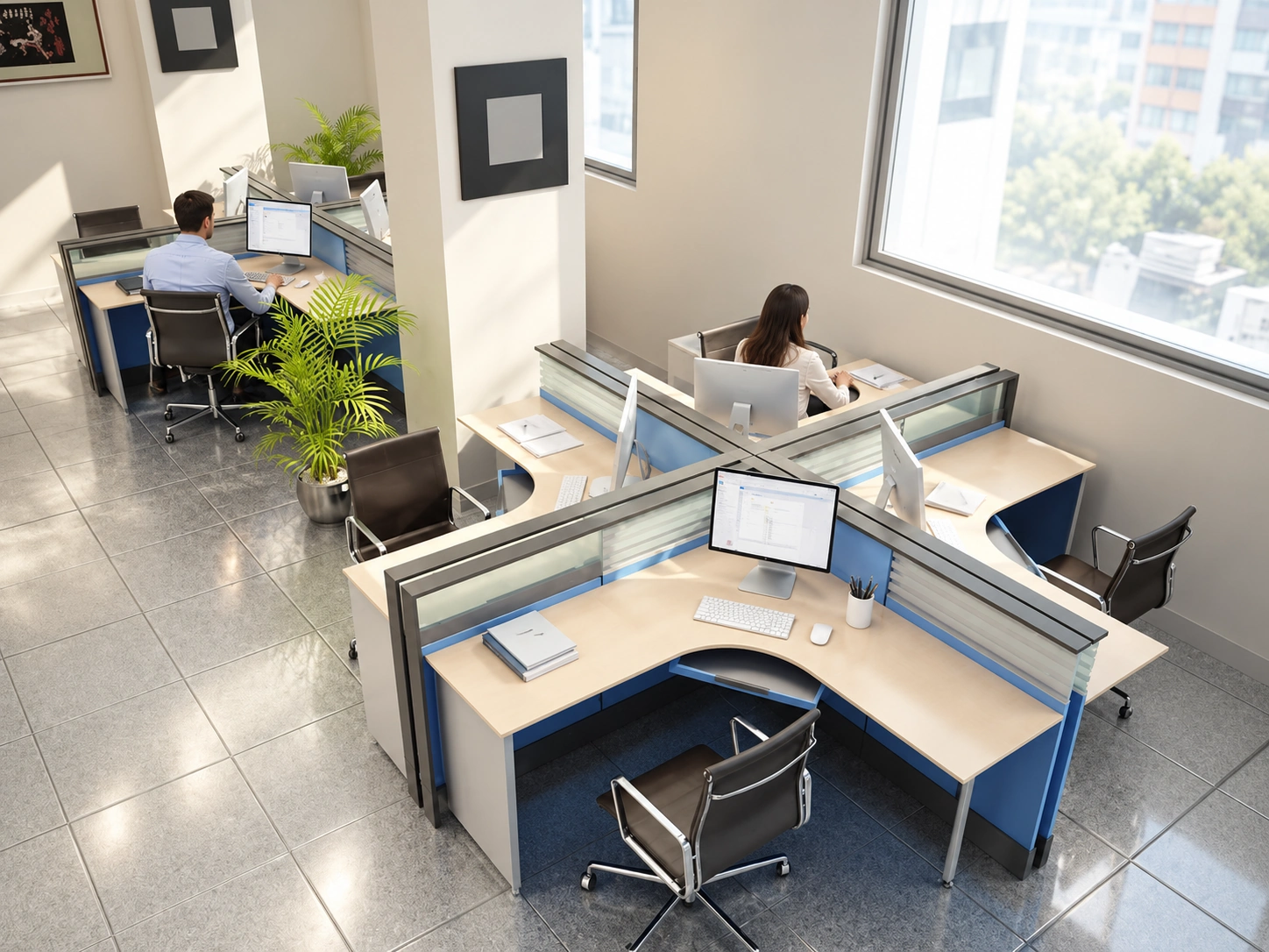 Área de oficinas con puestos de trabajo azules y beige y divisiones de vidrio