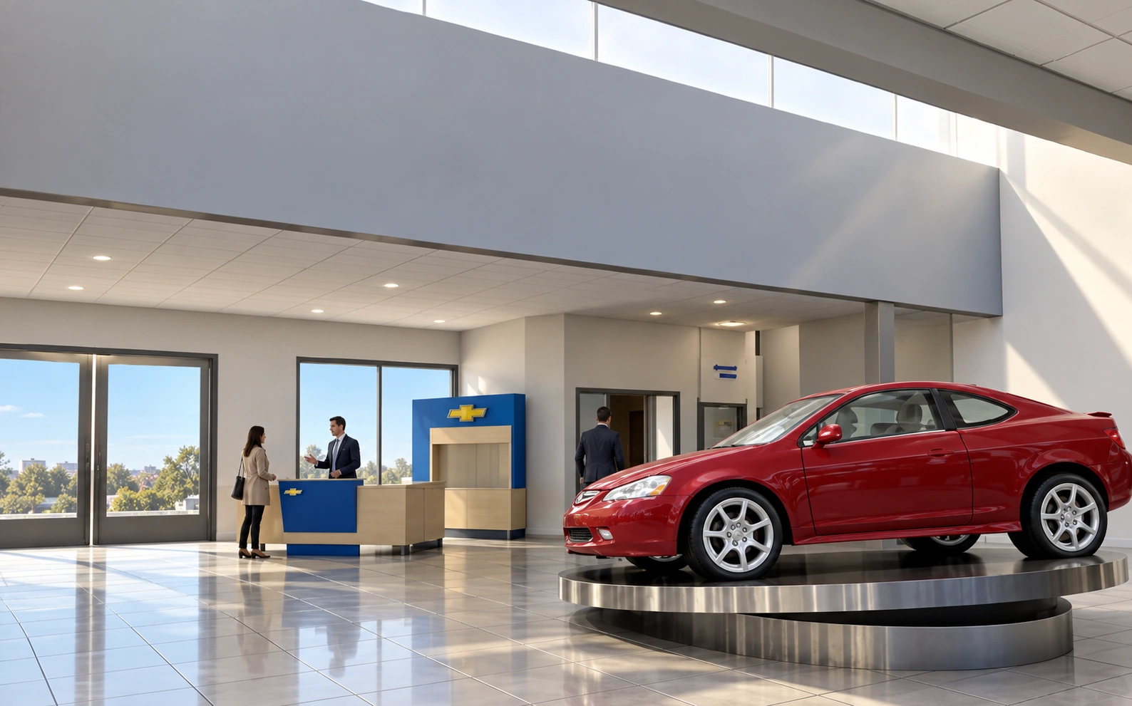Sala de exposición de automóviles con vehículo rojo sobre una plataforma circular