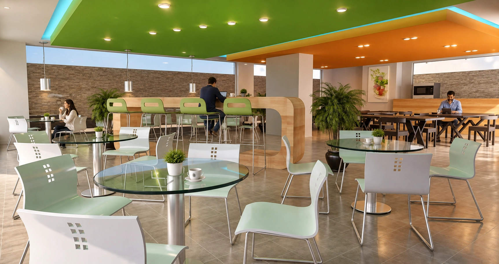 Cafetería con mesas de vidrio, barra curva y cielos verde y naranja