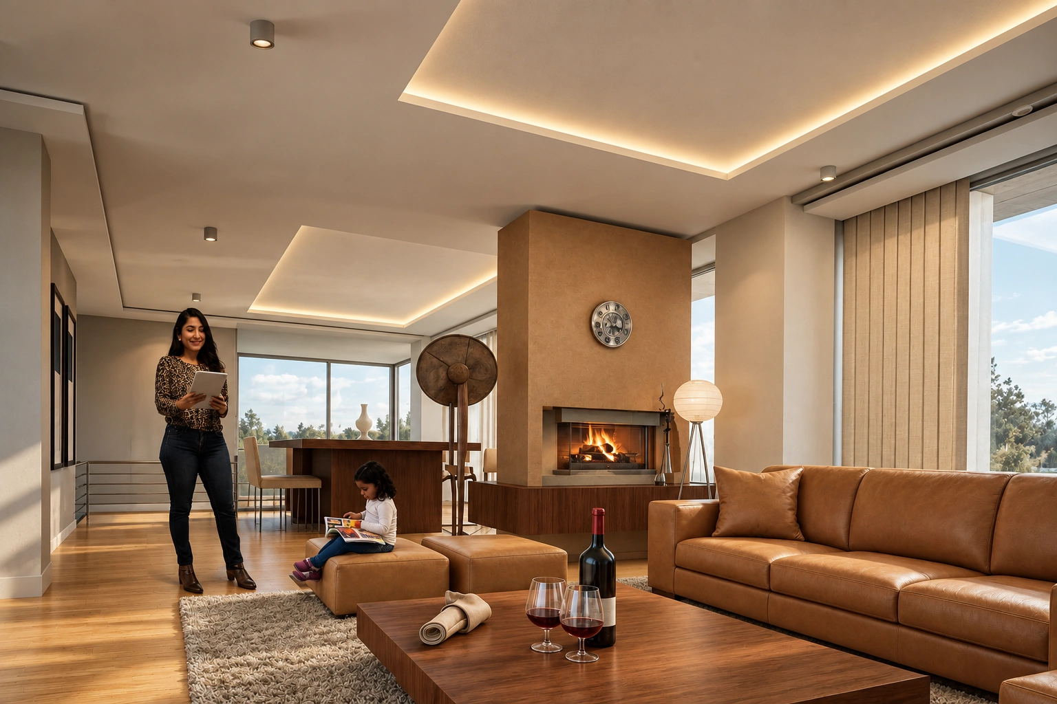 Visualización de sala con chimenea, iluminación indirecta, sofá y dos personas