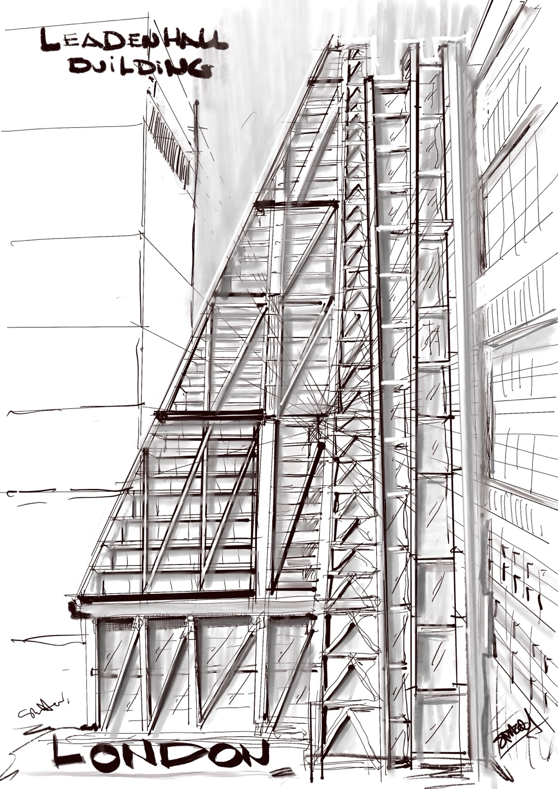 Boceto del Leadenhall Building con estructura, diagonales y valoración tonal