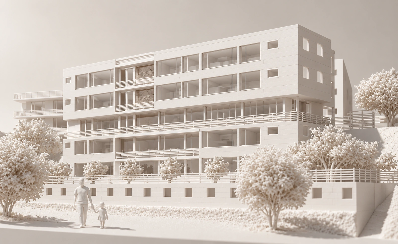 Maqueta blanca de un edificio escalonado con balcones, vegetación y figuras a escala