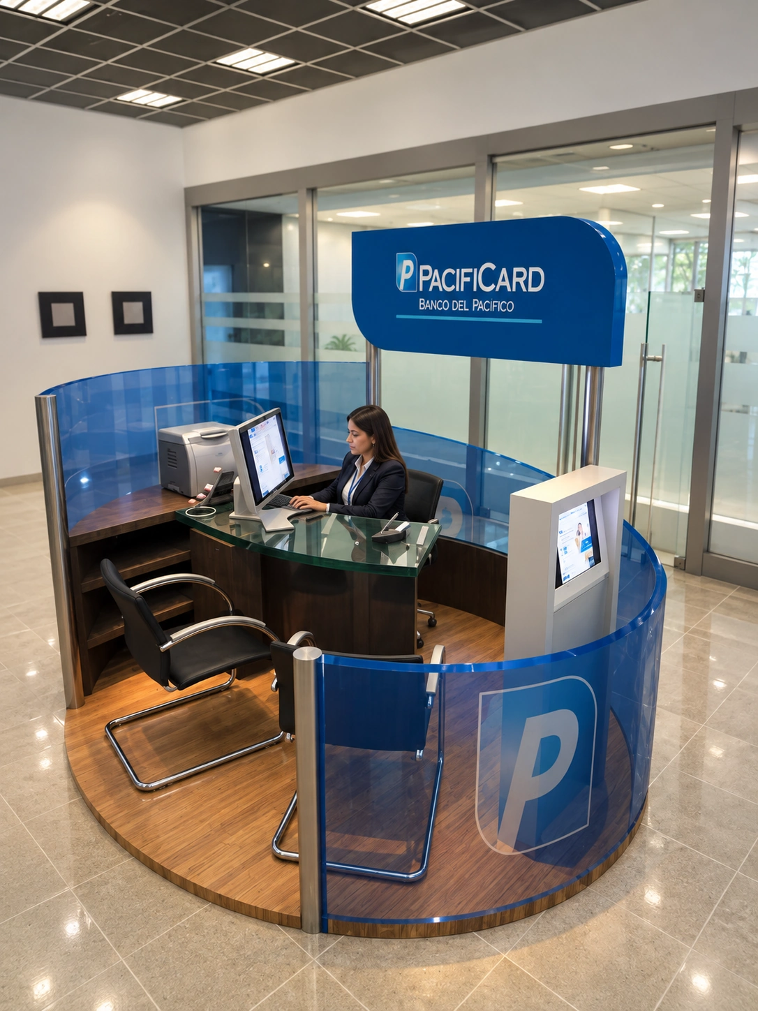Visualización fotográfica de un módulo de atención bancaria con mamparas azules curvas, plataforma de madera y ambientación de personas