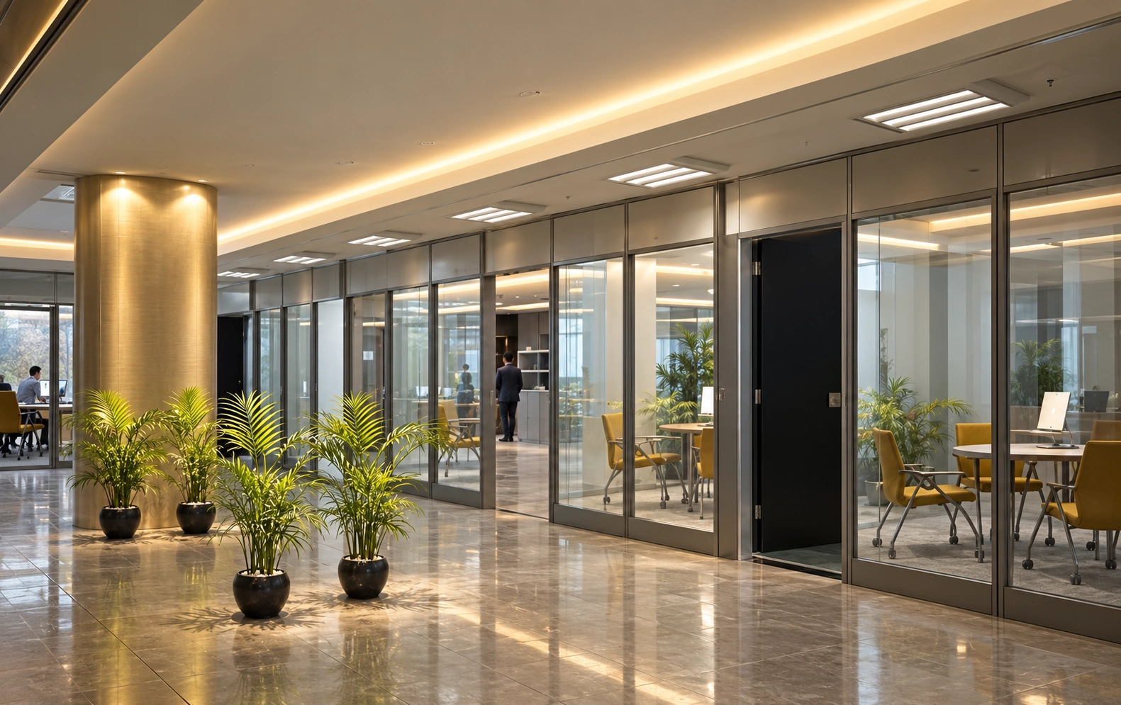 Visualización fotográfica de un corredor de oficinas con salas acristaladas, plantas y ambientación de personas