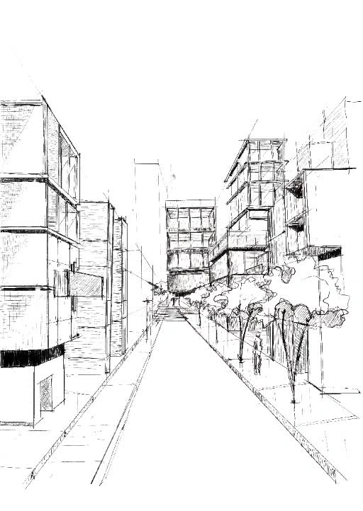 Proceso de dibujo de una calle con edificios y árboles