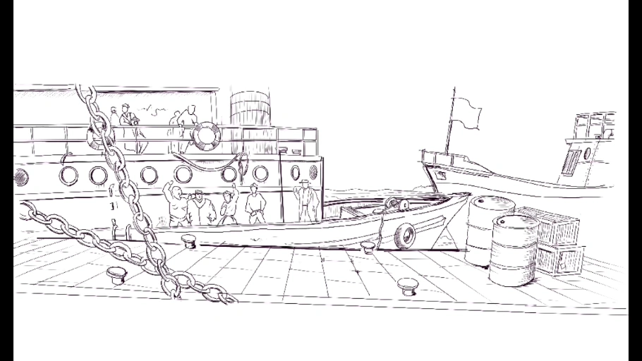 Proceso de dibujo de barcos y un muelle