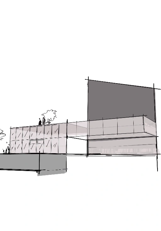 Proceso de dibujo de un edificio con fachada acristalada