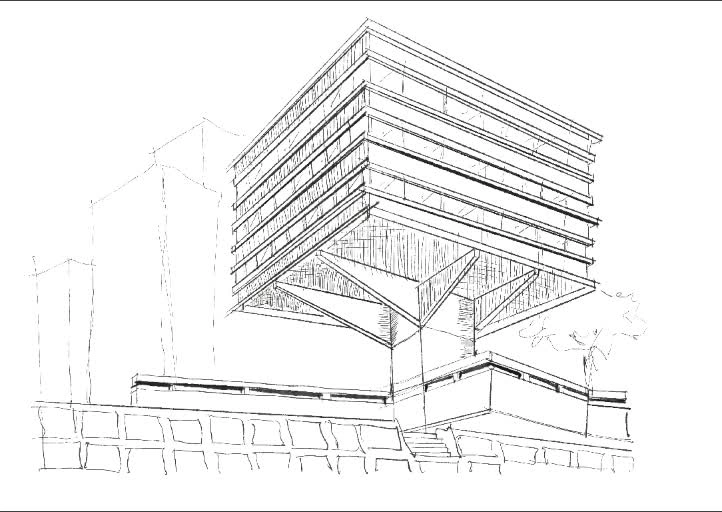Proceso de dibujo de un volumen arquitectónico en perspectiva