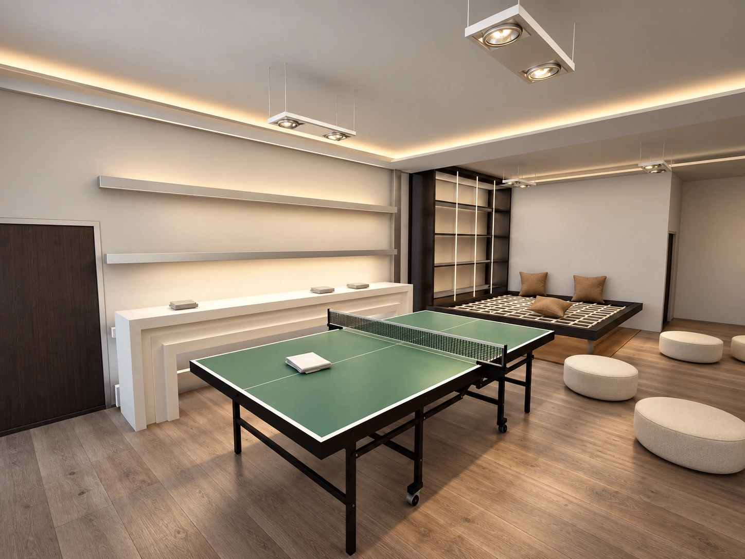 Visualización fotográfica de una sala de recreación con mesa de ping pong, piso de madera y asientos de descanso