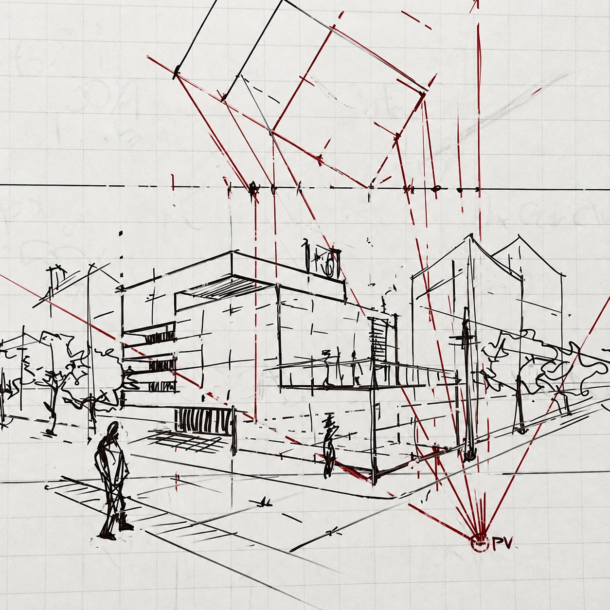 Boceto arquitectónico a mano alzada con trazos oscuros y líneas rojas de construcción de perspectiva