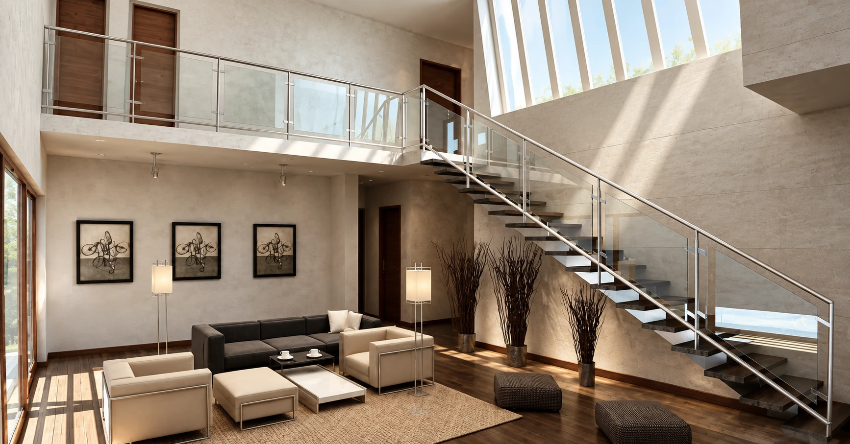 Visualización arquitectónica de una sala de doble altura con entrepiso, barandas de vidrio y escalera