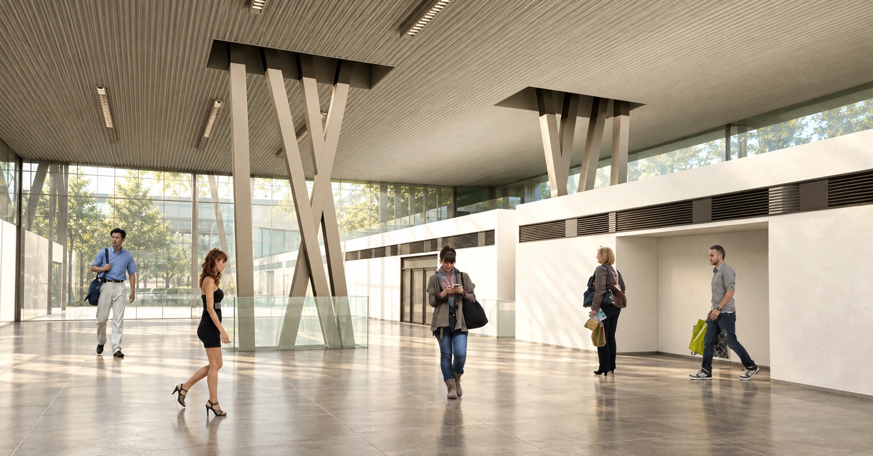 Visualización arquitectónica de un aeropuerto con columnas cruzadas y pasajeros