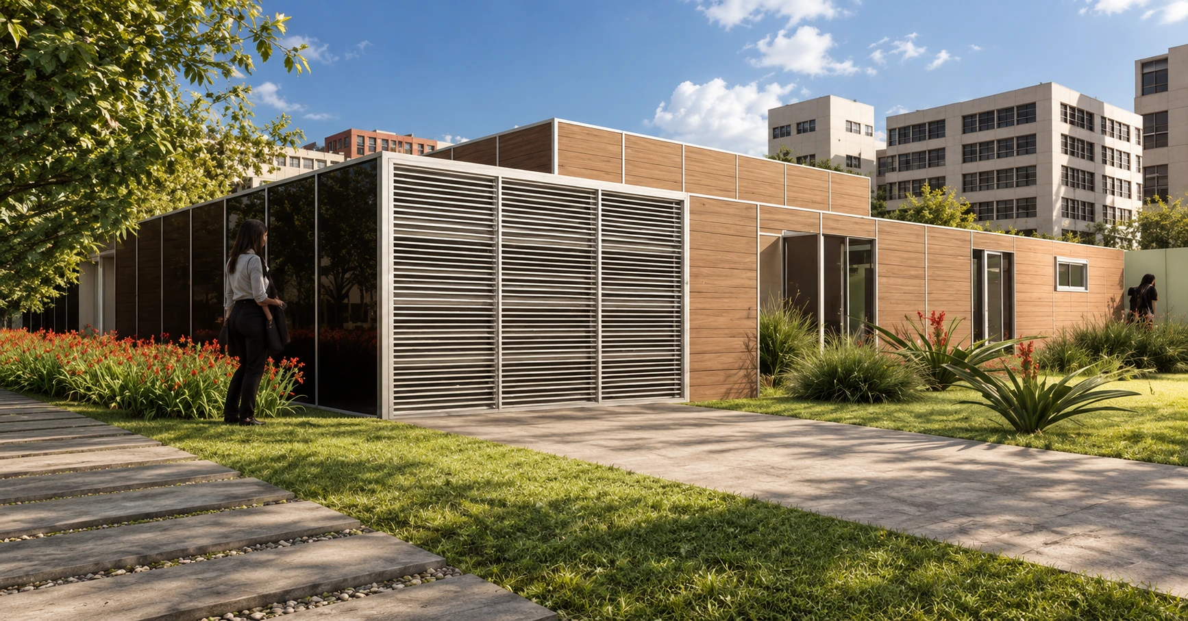 Visualización arquitectónica de un pabellón revestido en madera con celosías metálicas y paisaje