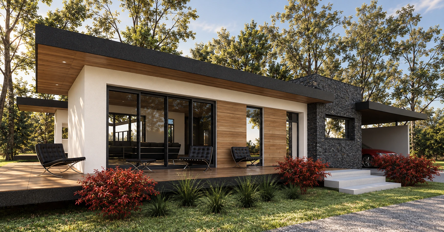 Visualización arquitectónica de una vivienda con muros blancos, madera, volumen de piedra y terraza