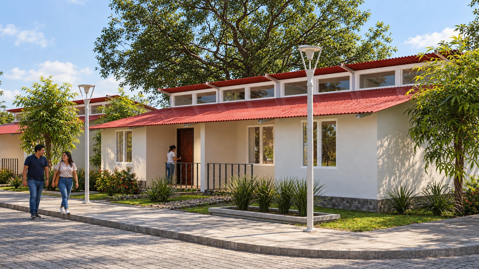 Viviendas unifamiliares con cubiertas rojas, jardines y residentes · Vista de día · Visualización fotorrealista