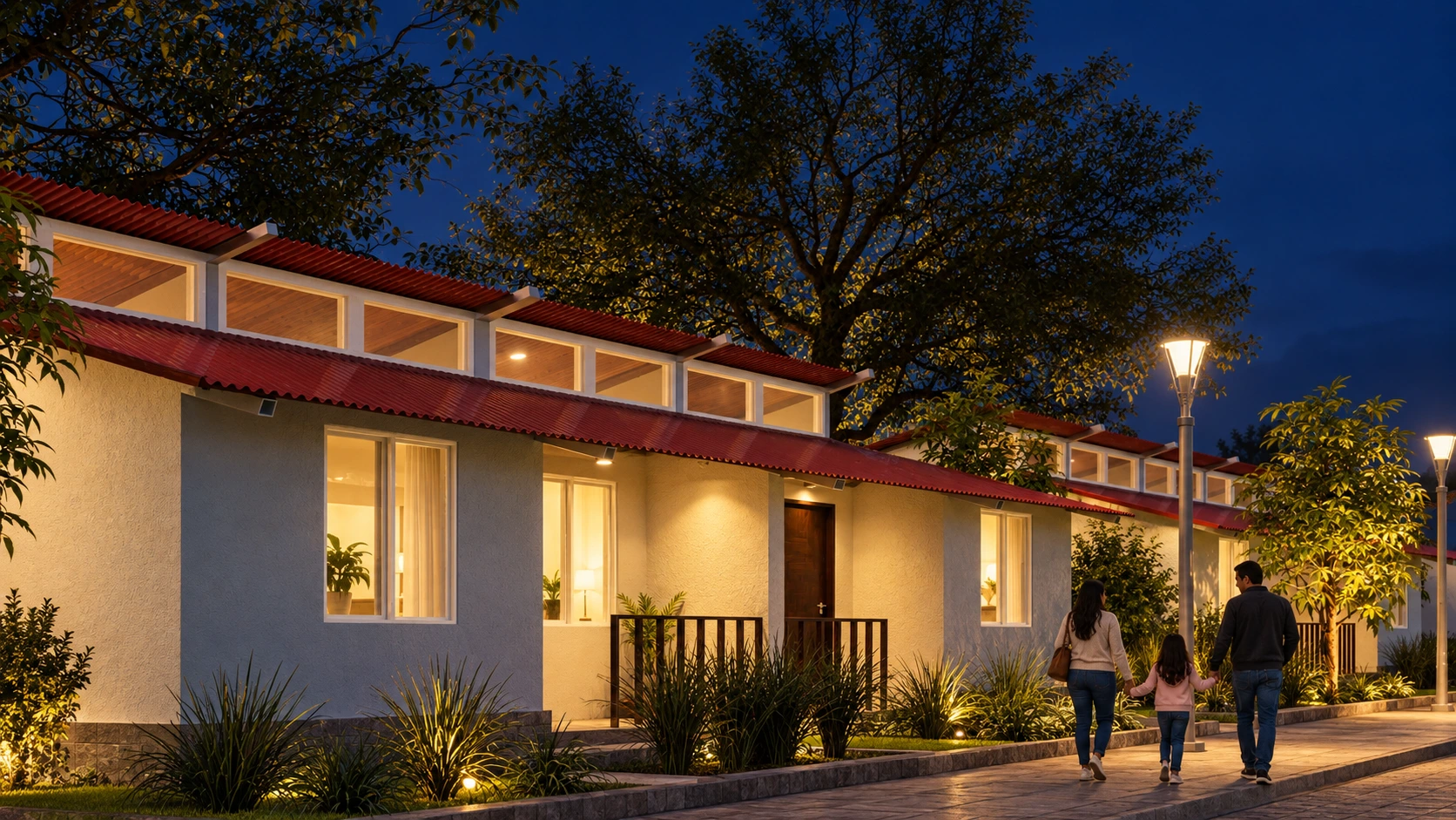 Viviendas unifamiliares con cubiertas rojas, jardines y residentes · Vista de noche · Visualización fotorrealista